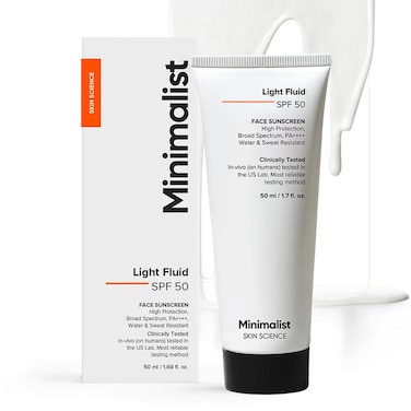 Minimalist Light Fluid Sunscreen SPF 50 PA++++   Clinically Tested in US   No White Cast   Broad Spectrum   Lightweight, Water &amp; Sweat Resistant Sunscreen for Oily Skin   For Women &amp; Men   50ml