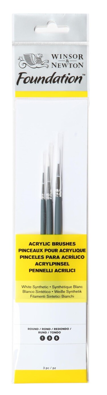 Winsor &amp; Newton Foundation Synthetic Acrylic Brush Set, Short Handle, Round, 3 Pack