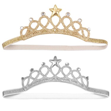 Beaupretty 2PCS Baby Girls Crystal Crown Tiara Hair Belt Headband Soft Headwrap Princess Headpiece Children Hair Accessories for Birthday Party, Photography (Silver+Gold)