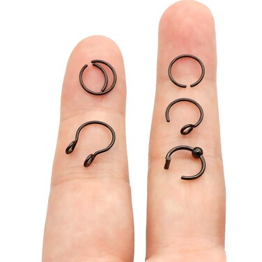 Earmark 20G Black Fakes Face Nose Rings Hoop Cute 8MM Tiny Thin Non Piercing Fuax Septum Ring 316L Surgical Steel Unpierced Clip-on Side Nose Ring Set for Women Men