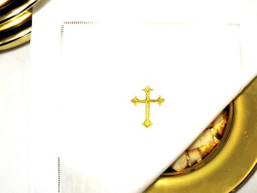 Integrity Designs White Linen Altar Cloth Gold Cross Embroidery