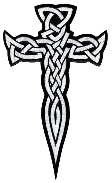 Large Celtic Cross Dagger White Iron-On Patch Embroidered Irish Crucifix
