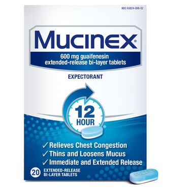 Mucinex 12 Hour 600 mg Guaifenesin Extended-Release Tablets for Excess Mucus Relief, Expectorant Aids Excess Mucus Removal, Chest Congestion Relief, 20 Bi-Layer Tablets