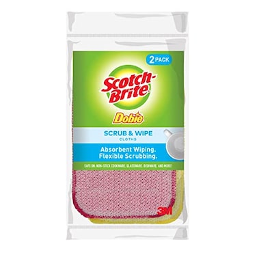 Scotch-Brite Dobie Scrub &amp; Wipe Cloths, Sponge Cloths for Cleaning Kitchen, Bathroom, and Household, Dobie Scrub and Wipe Cloth Absorbs and Doesn't Scratch, 2 Cleaning Cloths