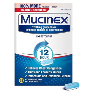 Mucinex 12 Hour Maximum Strength 1200 mg Guaifenesin Extended-Release Tablets for Excess Mucus Relief, Expectorant Aids Excess Mucus Removal, Chest Congestion Relief, 28 Tablets