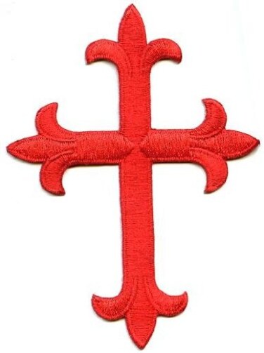 4" Cross, Fleur de lis, Religious, Embroidered, Iron-on Patch (Red)