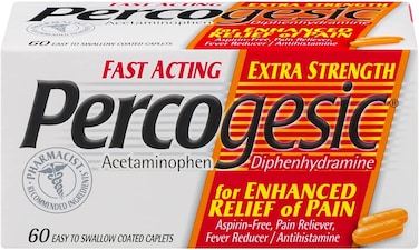 Percogesic Extra Strength Pain Relief, Aspirin Free Fast Acting Relief, Acetaminophen and Diphenhydramine, 60 Tablets