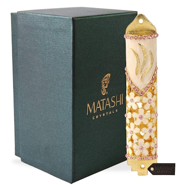 Matashi 4.25" Hand Painted Mezuzah Embellished with Floral Design for Door - Enamel Mezuzah with Scroll