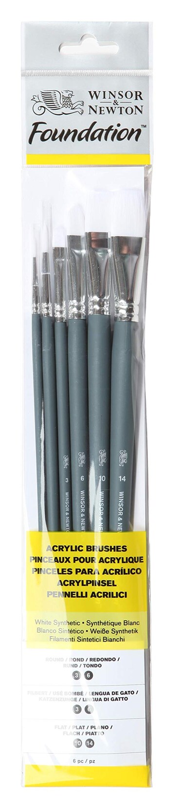 Winsor &amp; Newton Foundation Synthetic Acrylic Brush Set, Long Handle, Round Filbert &amp; Flat, 6 Pack