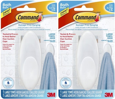 Command Towel Hook, Frosted, 5-Pound Capacity, (Pack of 2)