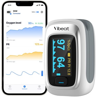 Vibeat Bluetooth Fingertip Pulse Oximeter with Pulse Rate, Blood Oxygen Saturation Monitor   Finger O2 Meter, Batteries and Lanyard Included, Free APP, FSA/HSA Eligible
