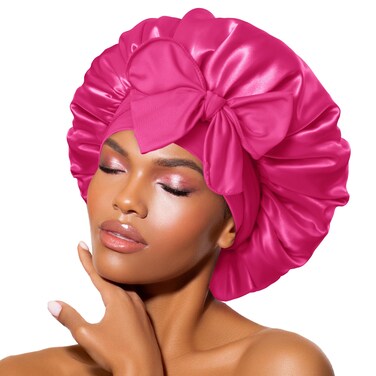 BONNET QUEEN Satin Bonnet Silk Bonnet for Sleeping Women Hair Bonnet Night Sleep Cap Scarf wrap for Curly Hair with tie Band Hot Pink