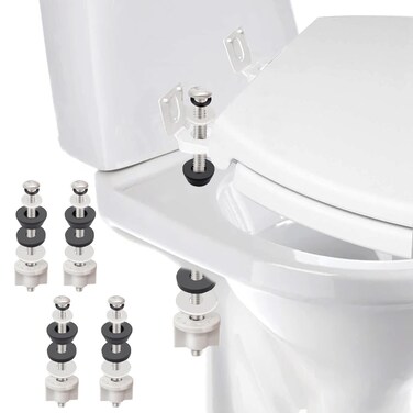 4PCS Universal Toilet Seat Hinge Bolts Kit, Heavy Duty Toilet Bolts, Waterproof Stainless and Rubber Washers Gaskets with Extra Long Nut White Plastic Down Lock Screw for Fastening (Silver)