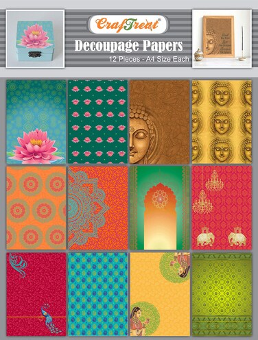 CrafTreat India Decoupage Paper for Crafts - Ethnic India - Size: A4 (8.3 x 11.7 Inch) 12Pcs - Furniture Decoupage Paper Buddha - Decoupage Paper Indian