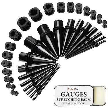 BodyJ4You 37PC Ear Stretching Kit - Beginner Gauges 14G-00G Starter Set - Aftercare Balm Wax - Black Steel Tapers Plugs Screw Fit Tunnels Plugs - Women Eyelet Mens Earrings Expander Piercing Jewelry