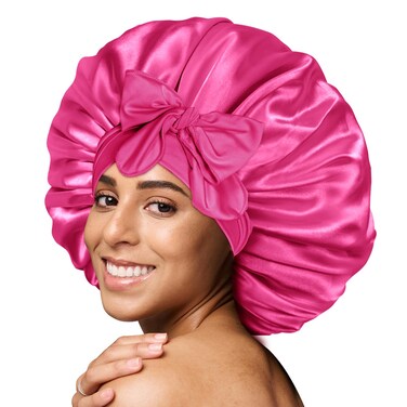 BONNET QUEEN Large Satin Bonnet Silk Bonnet for Sleeping Women Hair Bonnet Big Bonnet Night Sleep Cap Scarf Wrap for Curly Hair with Tie Band Hot Pink
