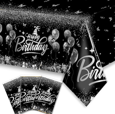 Happy Birthday Decorations-3pcs Sliver and Black Birthday Tablecloth,Rectangle Plastic Disposable Birthday Table Covers Party Decoration for Men Women 90th 80th 70th 60th 50th 40th 30th Birthday