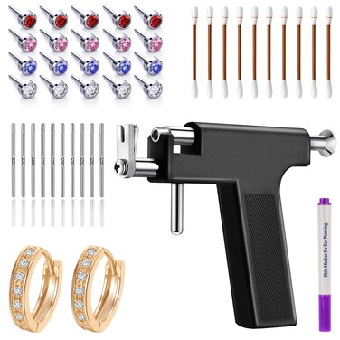 Ear Piercing Gun Kit, Professional Body Earrings Piercing Kit with A Pair of 18K Real Gold Plated Earrings, 20 Stainless Steel Stud Earrings, 10 Sterling Silver Ear Sticks,10 Iodophor Cotton Swabs