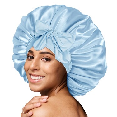 BONNET QUEEN Large Satin Bonnet Silk Bonnet for Sleeping Women Hair Bonnet Big Bonnet Night Sleep Cap Scarf Wrap for Curly Hair with Tie Band Light Blue
