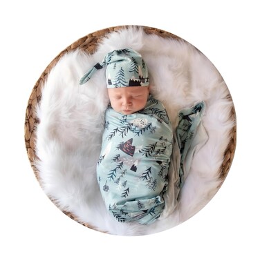 Bellasignoro Newborn Receiving Blanket Swaddle Blanket Hat Set for Baby Snug Wrap (Mountain&amp;Tree)