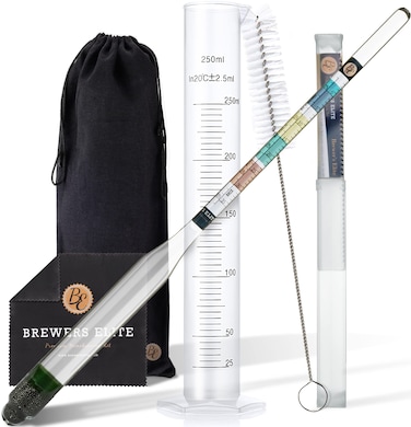Brewer's Elite Hydrometer &amp; Plastic Test Jar - for Home Brew Beer, Wine, Mead and Kombucha - Deluxe Triple Scale Set, Hardcase and Cloth - Specific Gravity ABV Tester