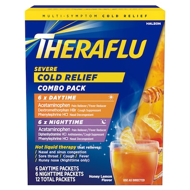 Theraflu Combo Daytime and Nighttime Severe Cold Relief Powder, Honey Lemon Flavor, 12 Count, 6 Daytime and 6 Nighttime