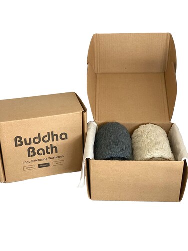Buddha Bath Extra Long Exfoliating Shower Towel Washcloth (Medium Exfoliate) - Dark Gray &amp; Bone - (2 Pack)