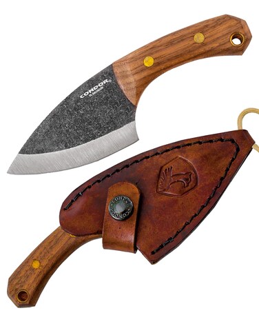 Condor Tool &amp; Knife Pangui Knife   Fixed Blade Neck Knife   1095 High Carbon Steel Belt Knife with a Walnut Handle and Hand Crafted Welted Leather Sheath   3.3 in Blade   5.3oz (3mm Thick)