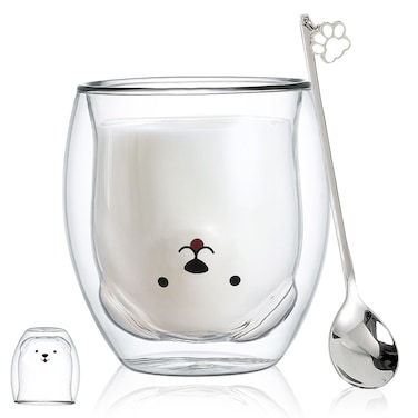Dog Mug Cute Mugs Glass Double Wall Insulated Glass Espresso Cup, Coffee Cup, Tea Cup, Milk Cup,Kawaii Gift for Office and Personal Birthday Christmas (Happy Dog)