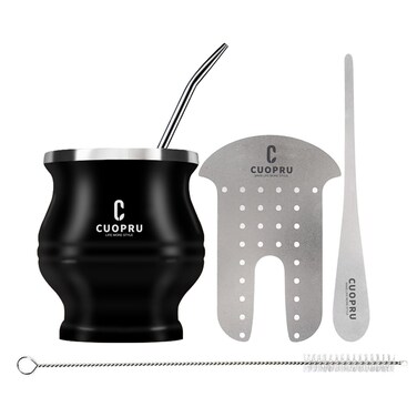 Cuopru Yerba Mate Cup and Bombilla Set - The Yerba Mate set includes a Modern Mate Cup, Yerba Mate Shaper set, Bombilla Mate (straws) and a cleaning brush (Black)