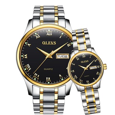OLEVS Valentines Couple Pair Watches for Men and Women Lovers Romantic Wedding Gifts Set of 2,His and Hers Business Black Dial Quartz Day Date Wrist Watch Waterproof Luminous with Stainless Steel Band