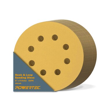 POWERTEC 5 Inch 8 Hole Sanding Discs - 320 Grit Sandpaper (50-Pack), 5" Hook and Loop Sanding Pads for Automotive, Drywall, Woodworking with Orbital Sander, DA Sander, Air Sander (44032G-50)