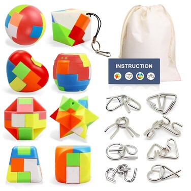 16 Pack Brain Teasers Puzzles for Kids &amp; Adults, Brain Teasers Metal IQ Toys Puzzle Mind Game 3D Coil Cast Wire Unlock Interlock Magic Ball Puzzles for Teenagers