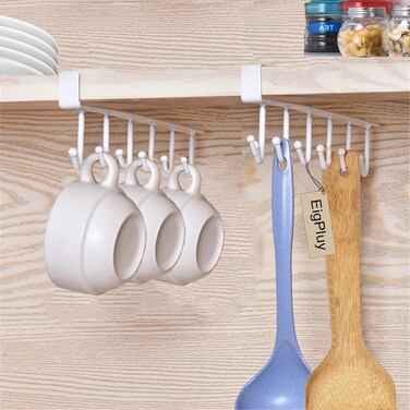 EigPluy 2pcs Mug Hooks Under Cabinet Cups Wine Glasses Storage Hook Multifunction Nail Free Coffee Cups Holder Kitchen Utensil Ties Belts Scarf Hanging Hooks Rack, White