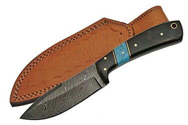 SZCO Supplies Horn/Turquoise Damascus Steel Skinning Knife