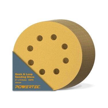 POWERTEC 5 Inch 8 Hole Sanding Discs - 220 Grit Sandpaper (50-Pack), 5" Hook and Loop Sanding Pads for Automotive, Drywall, Woodworking with Orbital Sander, DA Sander, Air Sander (44022G-50)