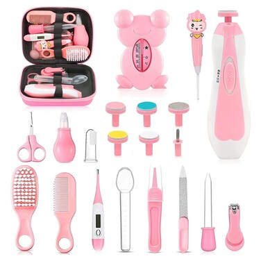 Baby Healthcare and Grooming Kit, 26 in 1 Portable Baby Safety Care Set with Hair Brush Comb Nasal Aspirator Electric Nail Trimmer Set Baby Essentials kit for Newborn Boys Girls (Pink)