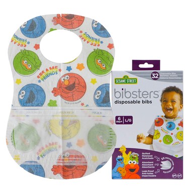 Bibsters, Sesame Street Large Disposable Bibs with Patented Crumb-Catcher, Leakproof Liner, and Reusable Fastener, Ages 6+ Months, 32 count