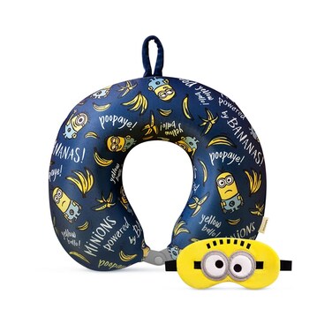 MINISO Minions Travel Neck Pillow with Eye Mask, Cute Cartoon 100% Memory Foam Neck Support Pillow, Lightweight Travelling Pillow Set for Airplane, Car and Home Use
