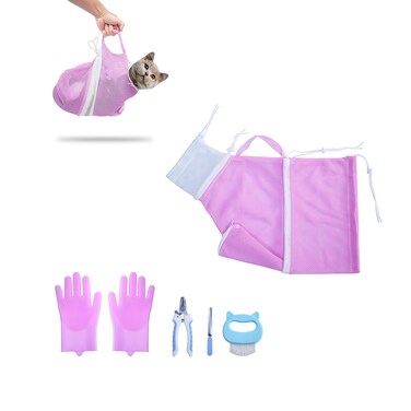 KlerRoem Cat Bathing Bag, Adjustable Anti-bite and Anti-Scratch Cat Shower Mesh Grooming Bag for Pet Dogs and Cats, Includes Pet Nail Clipper, Nail File, Grooming Glove, and Cat Shell Comb