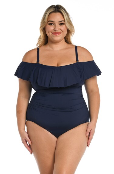 La Blanca Womens Island Goddess Off Shoulder Women s Ruffled Bandeau One Piece Swimsuit Indigo 18W, Indigo, 18 Plus