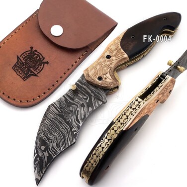 SHINY CRAFTS -Damascus Pocket Knife Knives For Men OTF Knife Survival Knife- Folding Knives - Everyday Carry - PlainEdge - Leather Sheath (FK 04)