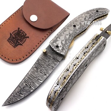 SHINY CRAFTS -Pocket Knife Damascus Hunting Knife OTF Knife Tactical Knife For Men- Handmade Pocket Knives with liner lock Premium Leather Sheath (FK 06)