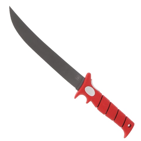 BUBBA 9&quot; Serrated Flex Knife with Non-Slip Grip Handle, Offset Full Tang Stainless Steel Blade, Lanyard Hole and Synthetic Sheath for Fishing
