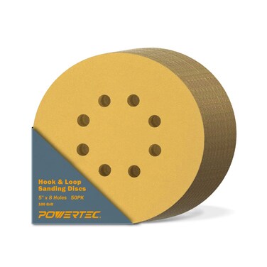 POWERTEC 5 Inch 8 Hole Sanding Discs - 100 Grit Sandpaper (50-Pack), 5" Hook and Loop Sanding Pads for Automotive, Drywall, Woodworking with Orbital Sander, DA Sander, Air Sander (44010G-50)