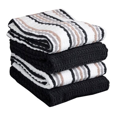 T-fal Premium Kitchen Towel (4-Pack), 16"x26" Highly Absorbent, Super Soft Long Lasting 100% Cotton Solid/Check Hand Towels, Tea Towels, Charcoal