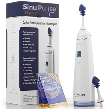SinuPulse Traveler with 30 Sinuair Packets - Cordless Pulsating Nasal Irrigation Sinus Rinse System, Space Saving Cleaner &amp; Relief Machine for Travel, More Effective than Neti Pot or Nose Spray Bottle