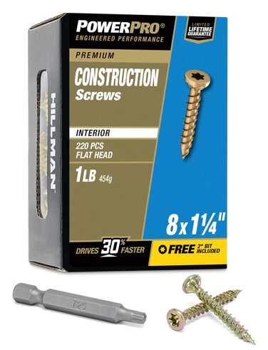 Power Pro 48578 Wood Screws, #8 x 1-1/4, Premium Star Drive Indoor Cabinet Screws, Gold Yellow Zinc, 1lb Box