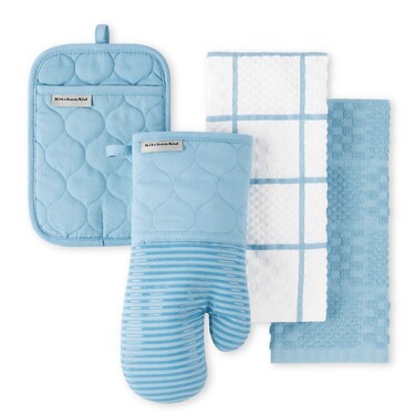 KitchenAid Quilted Cotton Terry Cloth Oven Mitt, Pot Holder Heat Resistant, 16"x26", 7"x13" &amp; 7"x10", Blue Velvet