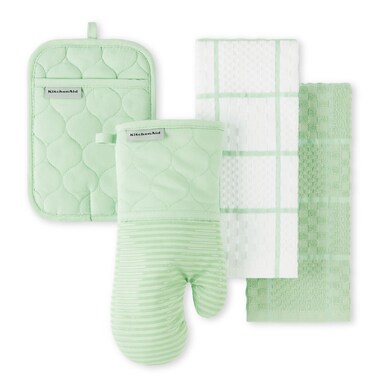 KITCHENAID Quilted Cotton Terry Cloth Oven Mitt, Pot Holder, Kitchen Towel 4-Pack Set, Heat Resistant, Silicone Grip, Gift Set, Pistachio, 16"x26", 7"x13" &amp; 7"x10